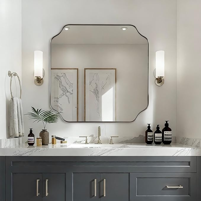 ANDY STAR 30"x30" Chrome Square Mirror, Polished Nickel Scalloped Bathroom
