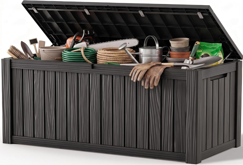 Outdoor Storage Box, 260 Gal Waterproof Resin Deck Box w/Support Rod
