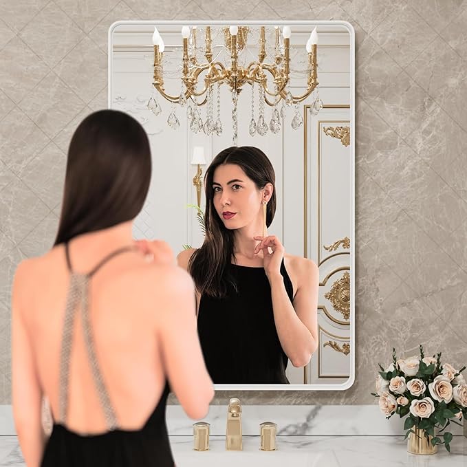 LOAAO 28x36 Inch White Metal Framed Bathroom Mirror