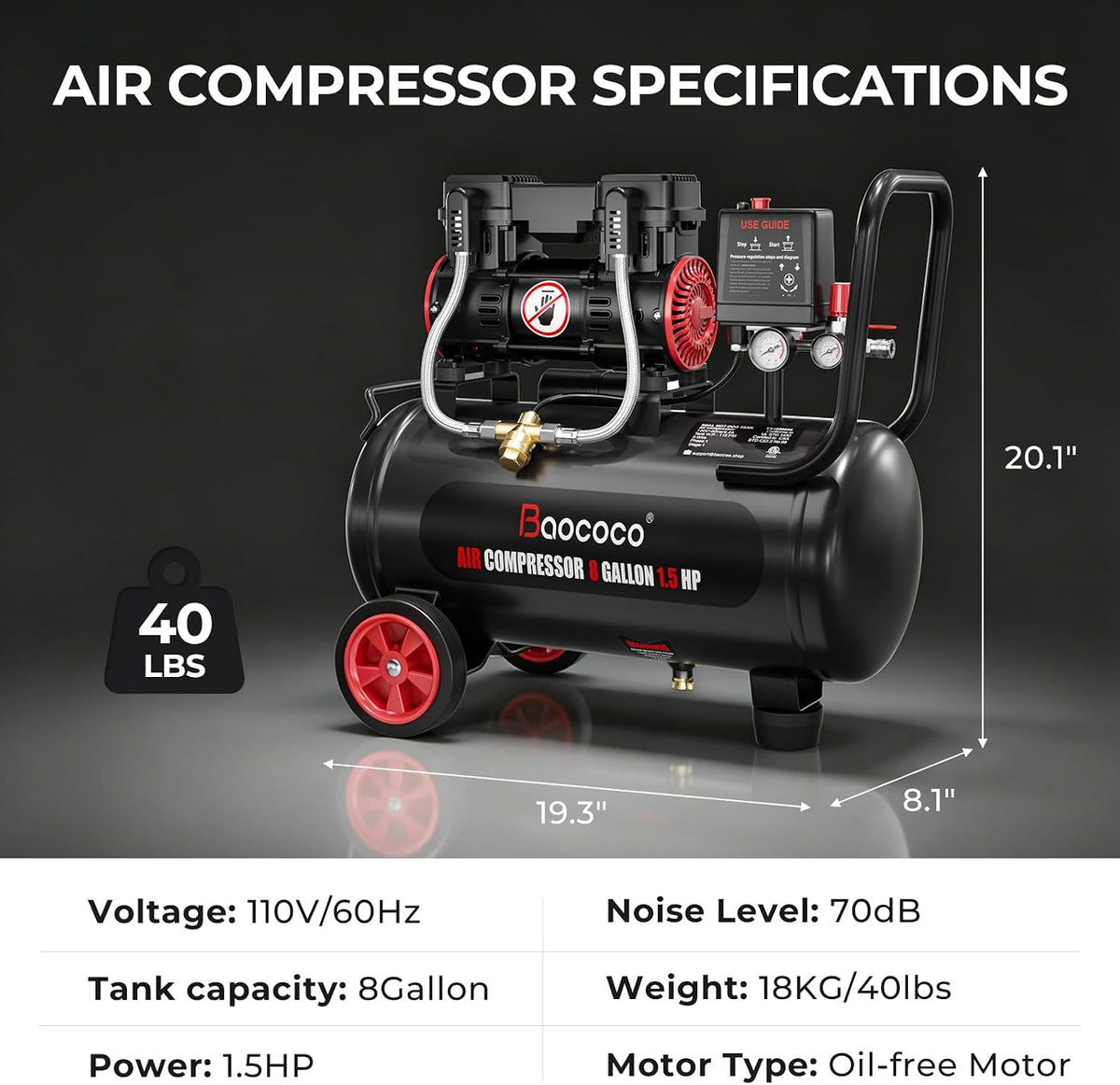 8Gallon Ultra Quiet Air Compressor with Two Quick Couplers 1.5HP MAX115PSI