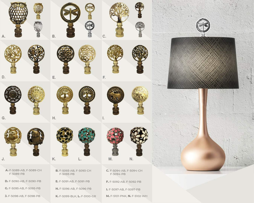 Royal Designs Decorative Botanical Owl Lamp Finial for Lamp Shade, Antique Brass - Pack of 2