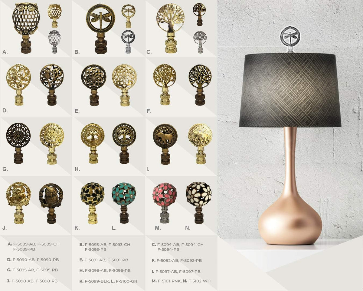 Royal Designs Decorative Botanical Owl Lamp Finial for Lamp Shade, Antique Brass - Pack of 2