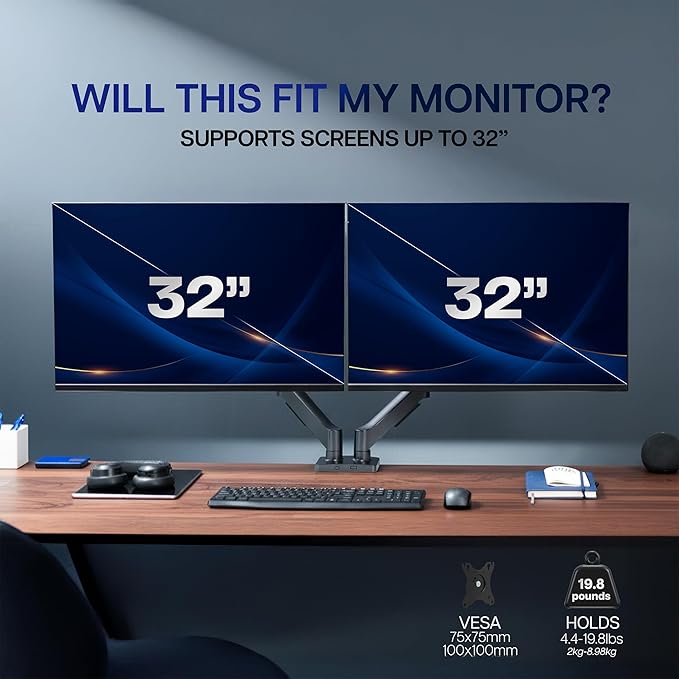 VIVO Dual Monitor up to 32 inches and 19.8 lbs per Screen, Pneumatic Arm Desk