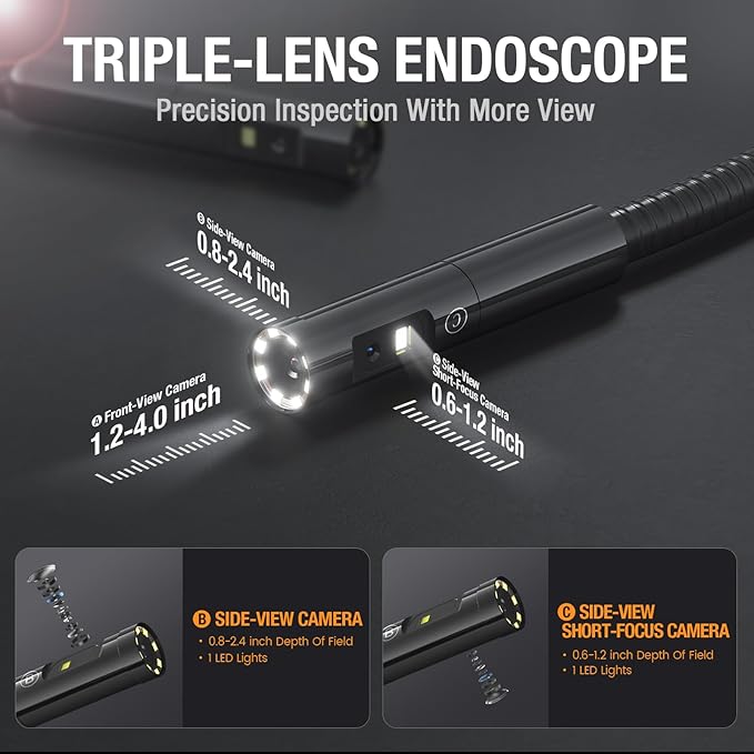 Triple Lens Borescope with 7" IPS Screen, Teslong 1080P HD Industrial Endoscope