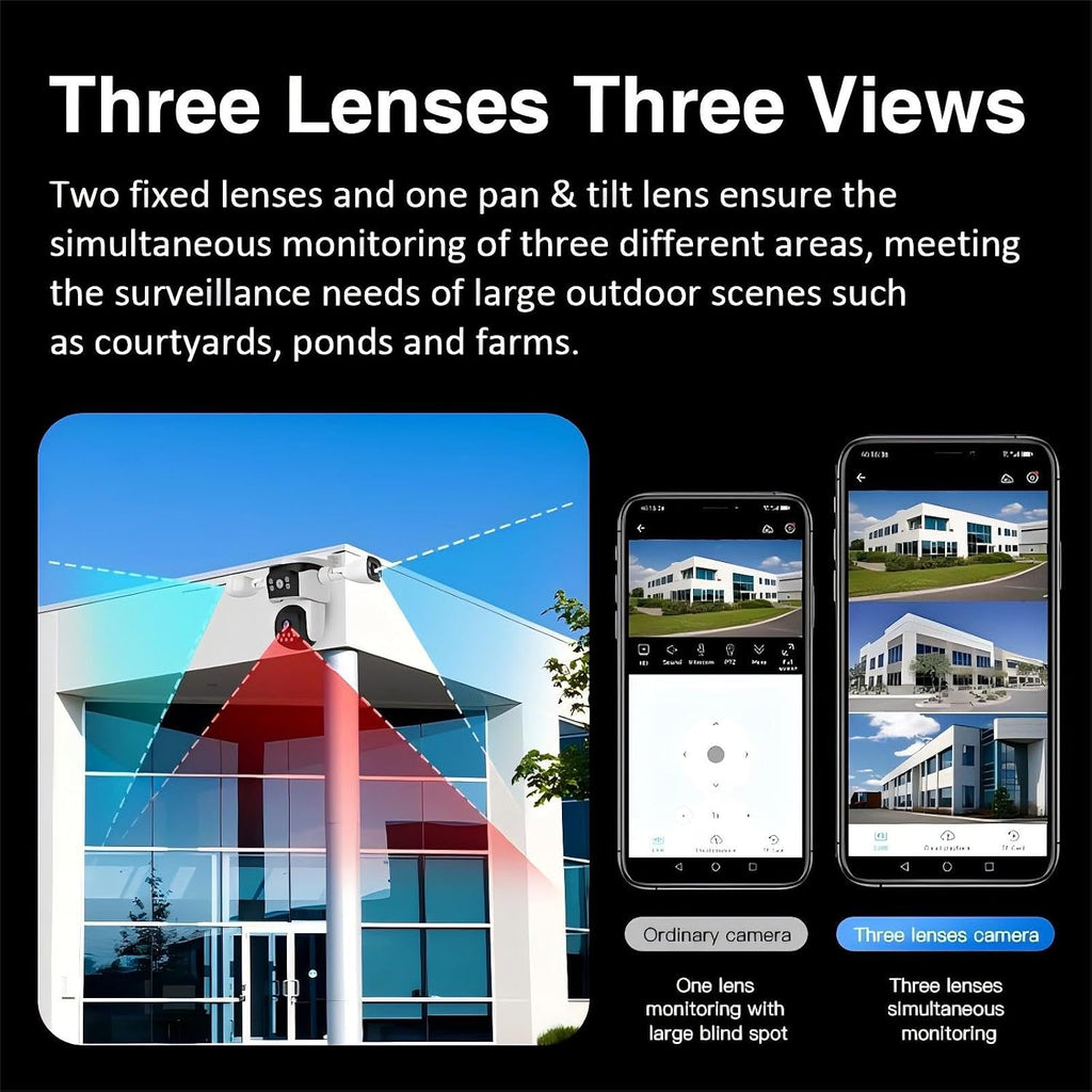 eversecu triple lens wifi ptz security camera, three showing dimensions