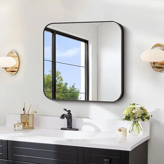 FORBATH Bathroom Mirror for Over Sink 24x24 Inch Black, Square Wall Mirror