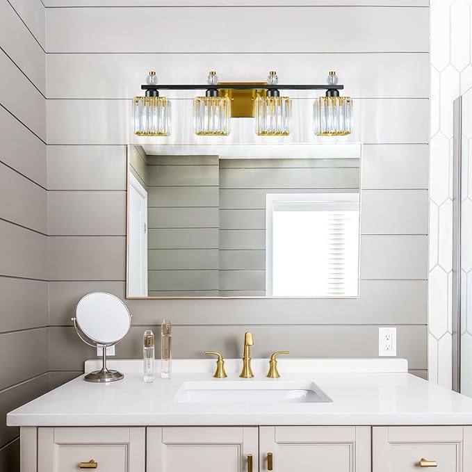 FDPBY Vanity Lights 4-Light Modern Crystal Vanity Light Black Gold Bathroom
