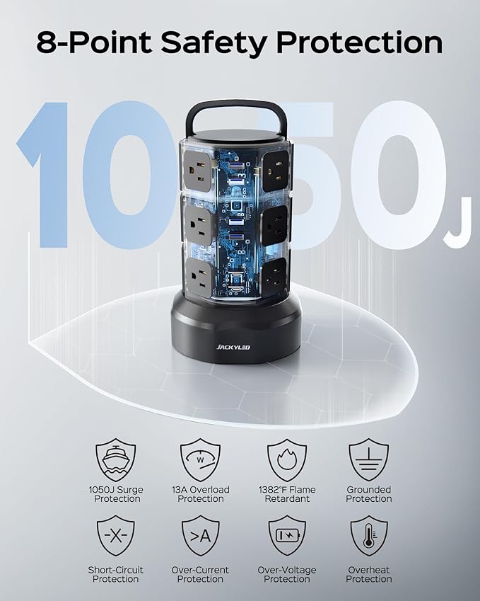 Power Strip Tower Surge Protector, JACKYLED 1625W 13A Outlet Surge Electric
