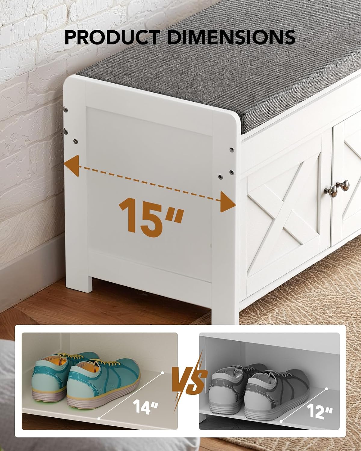 amada farmhouse shoe storage bench with cushion, 3, side view