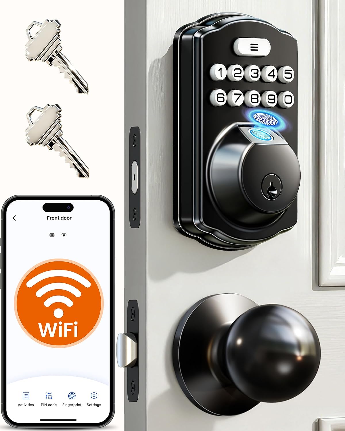 Veise VE012W-K WiFi Fingerprint Smart Lock with 2 Knob Set, Matte Black