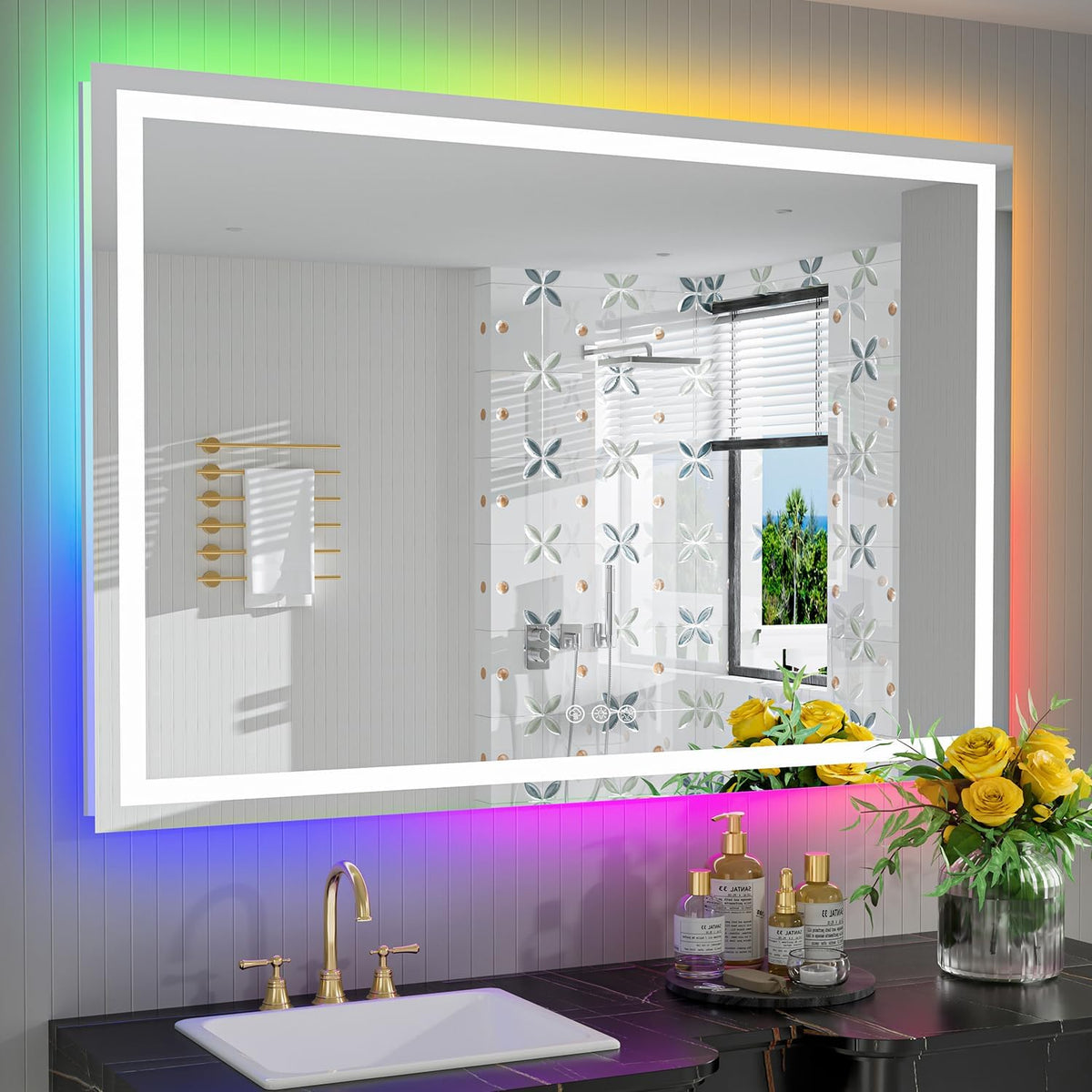 YEELAIT 55x40 Inch RGB LED Bathroom Mirror Front Light and RGB Backlit Lighted