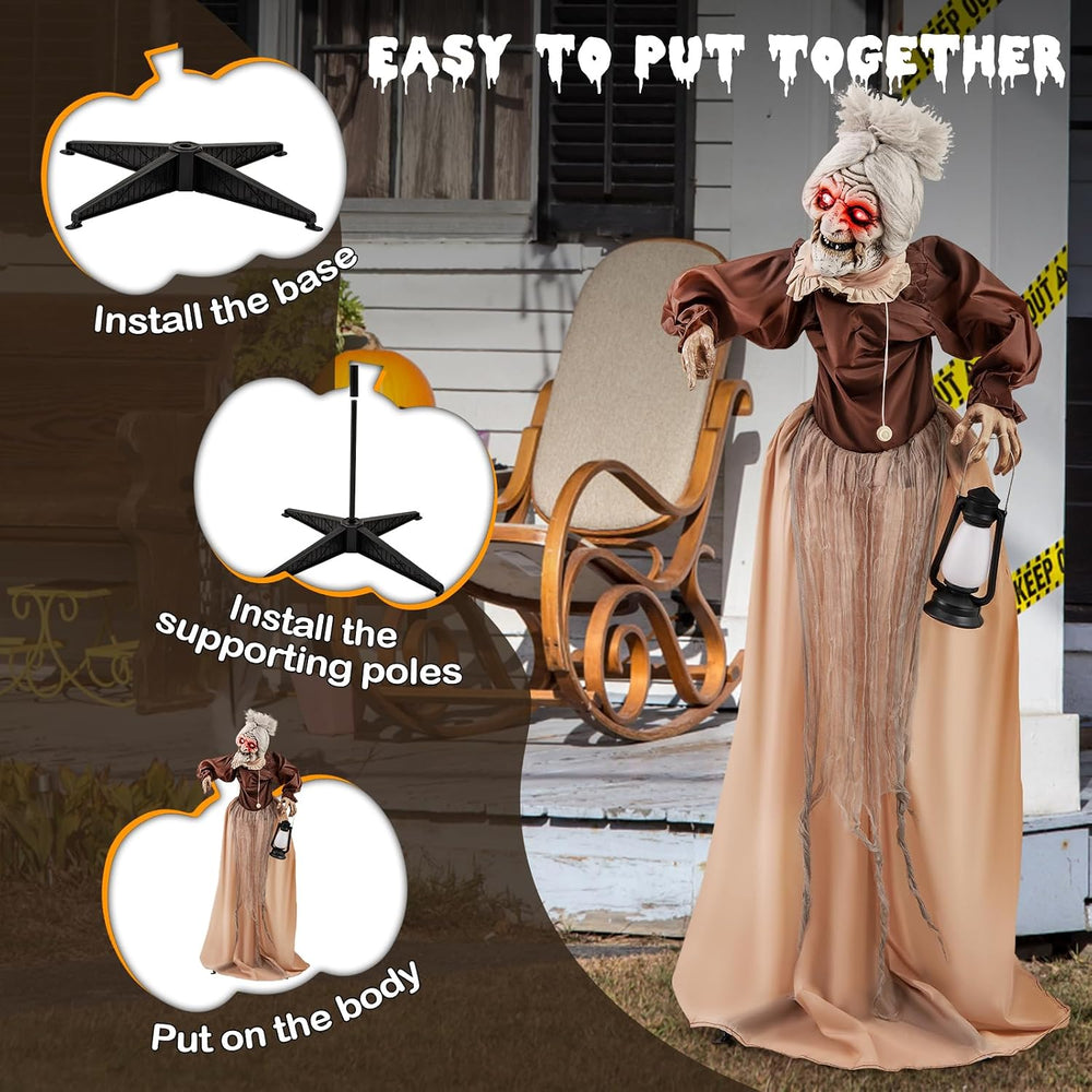 Tangkula 5 FT Halloween Standing Animated Old Lady Holding Lantern