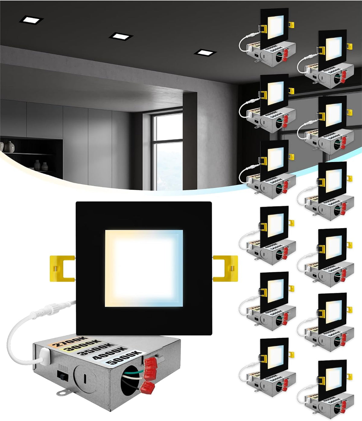 NUWATT 12 Pack 4 Inch Square Ultra-Thin LED Recessed Lighting, Selectable