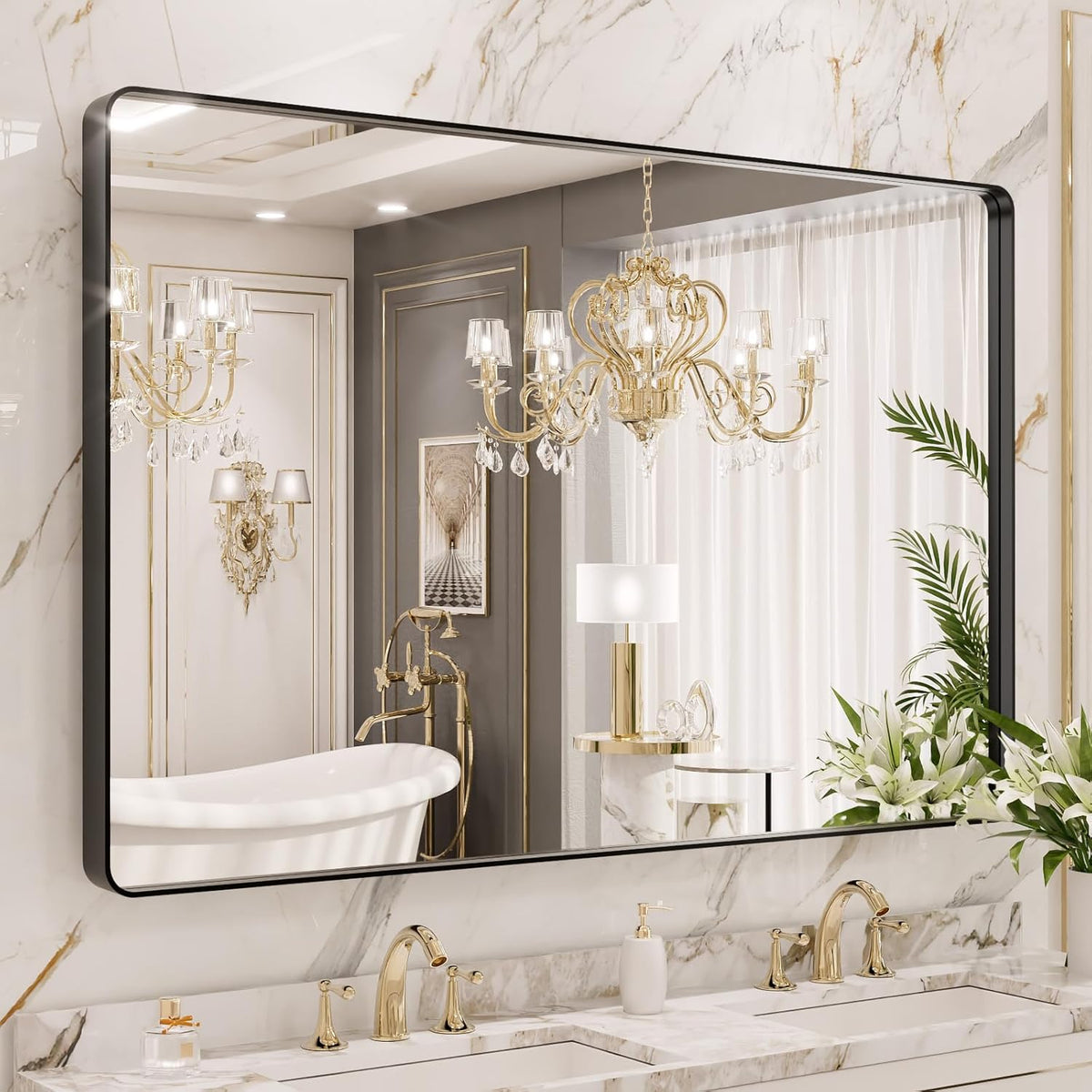 LOAAO 48X40 Inch Black Metal Framed Bathroom Mirror