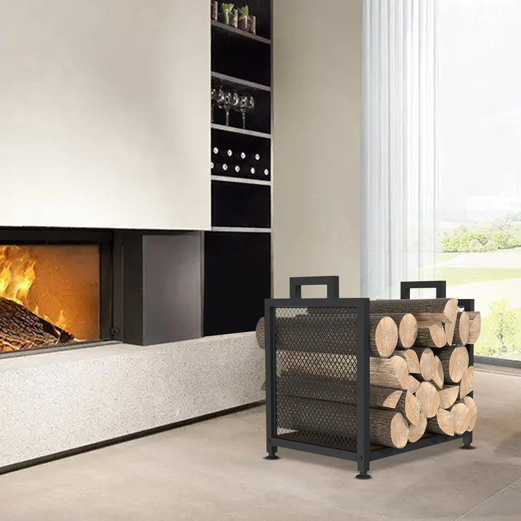 vygrow firewood rack for indoor, heavy duty fire shown in use