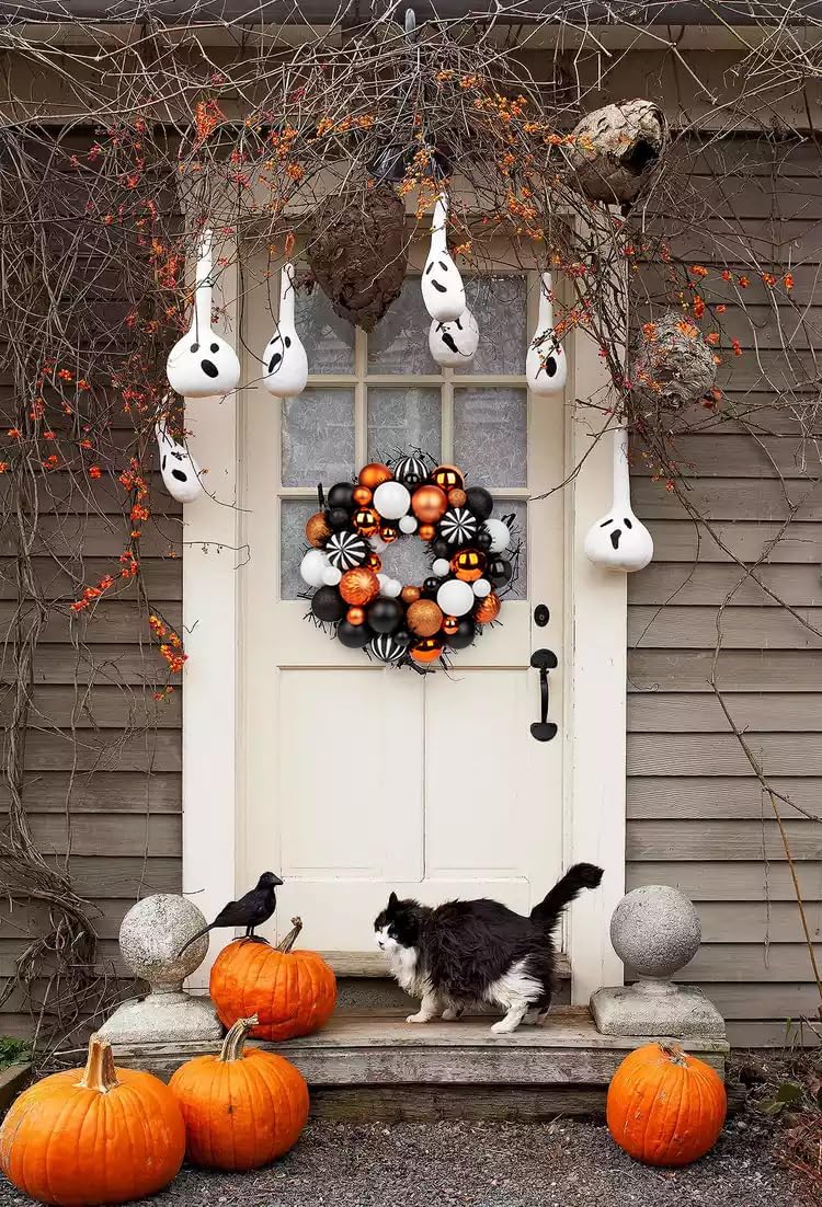 Halloween Ball Wreath 13" Xmas Wreaths Ornaments Glitter Thicken Shatterproof Garland Decoration for Door Wall Mantel Holiday Christmas Party Decor, White & Black & Orange