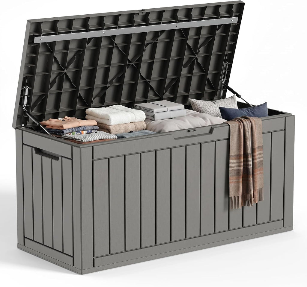 PatioZen 150Gal Resin Storage Box, Lockable Waterproof Deck Box, Grey