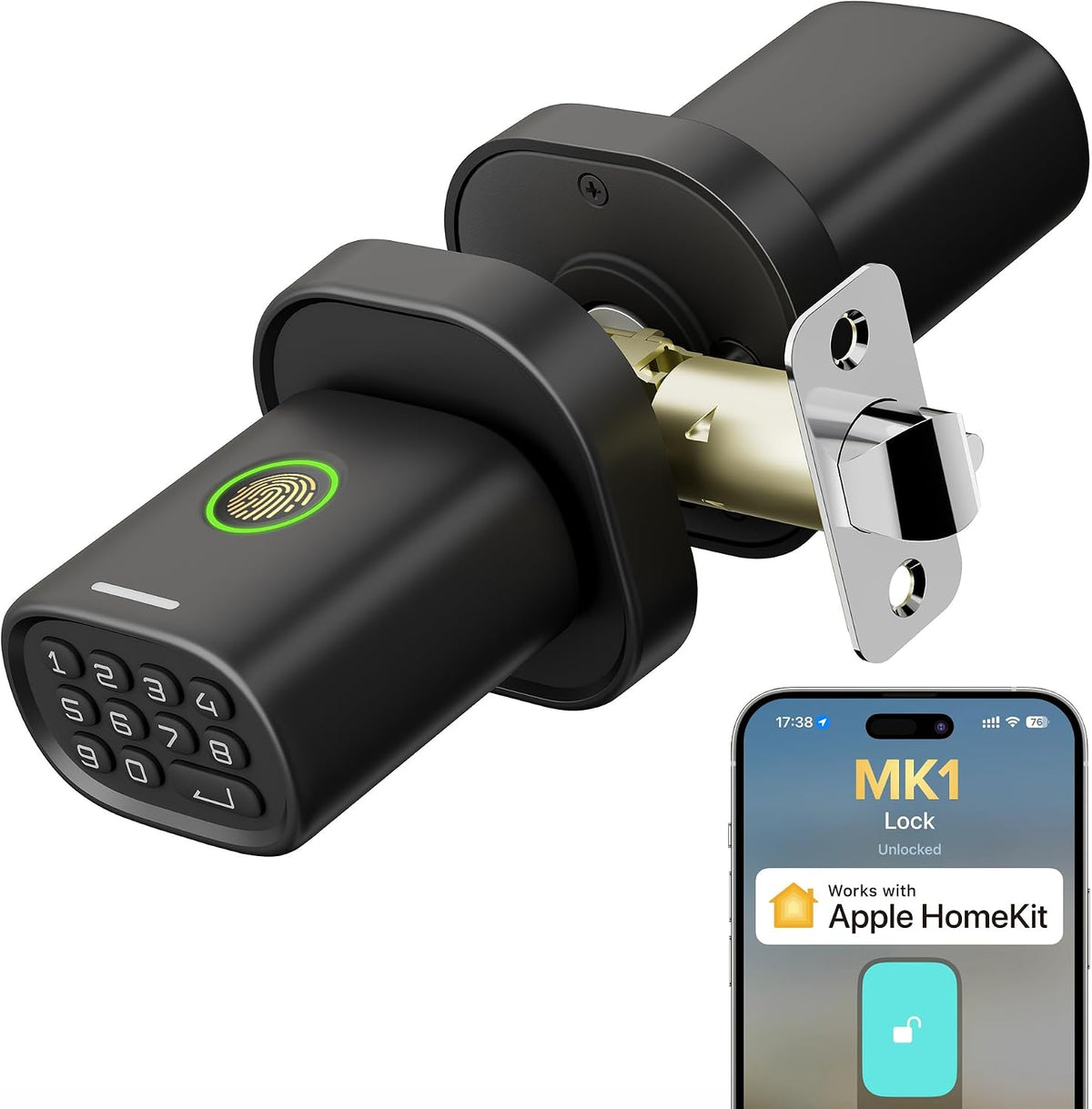 ThorBolt MK1 Smart HomeKit Fingerprint Door Knob with Keypad, Black