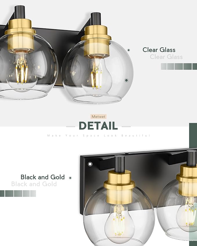 METWET Bathroom Light Fixtures, 5-Light Black and Gold Bathroom Vanity Light