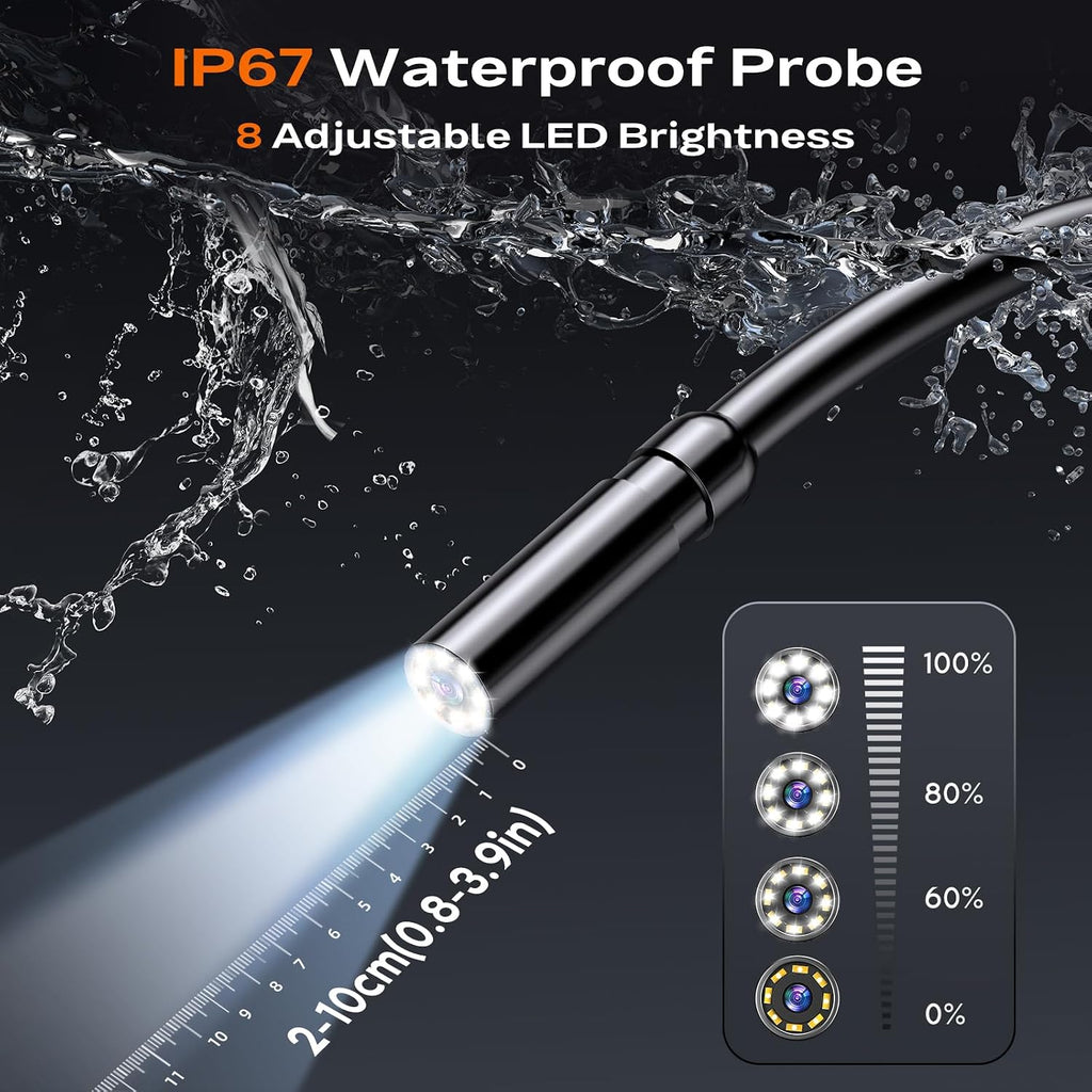 endoscope camera with light, handheld borescope, 4.3" ips showing dimensions