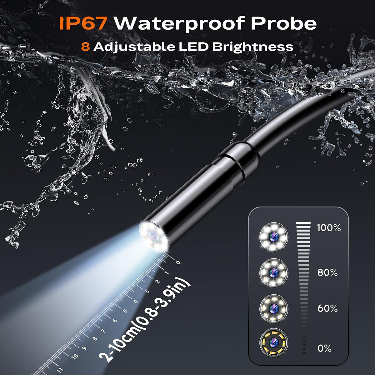 endoscope camera with light, handheld borescope, 4.3" ips showing dimensions