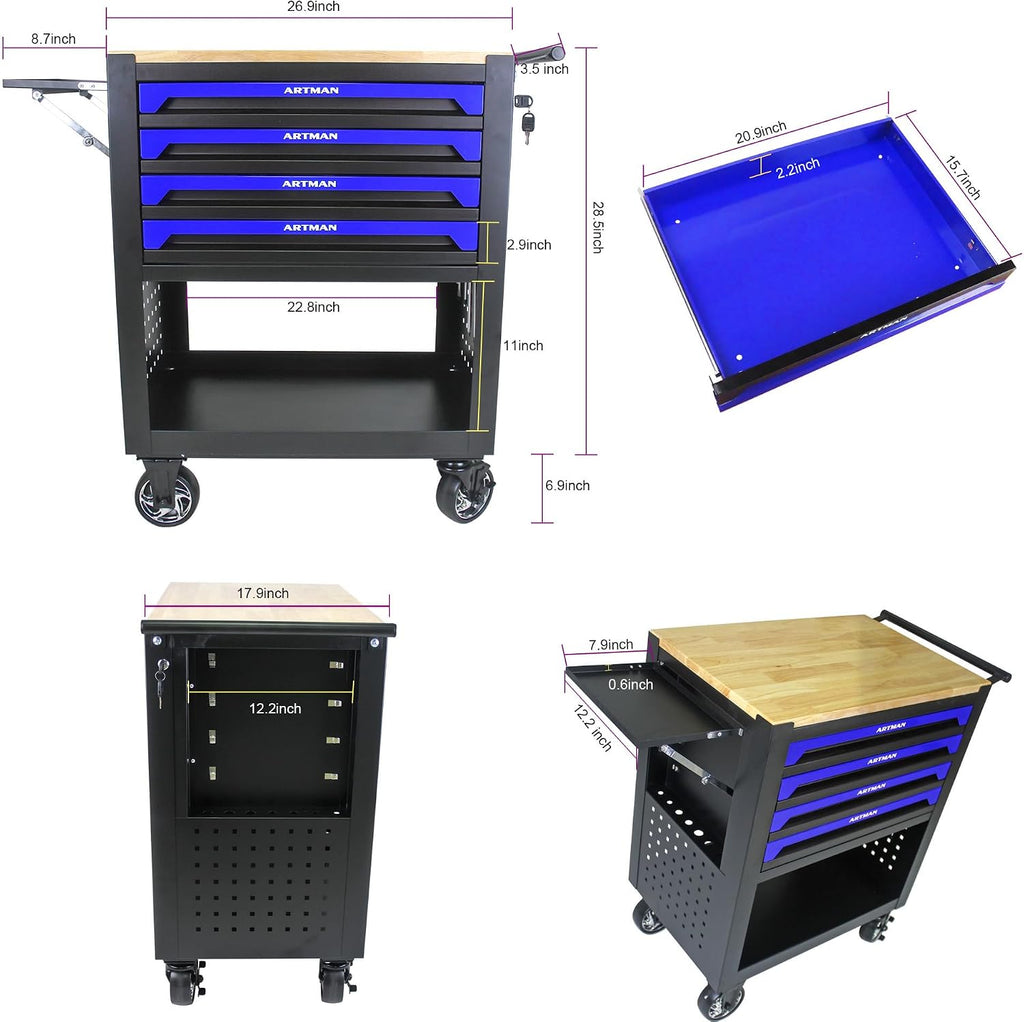 lockable 4-drawer rolling tool chest with wooden top, close-up detail