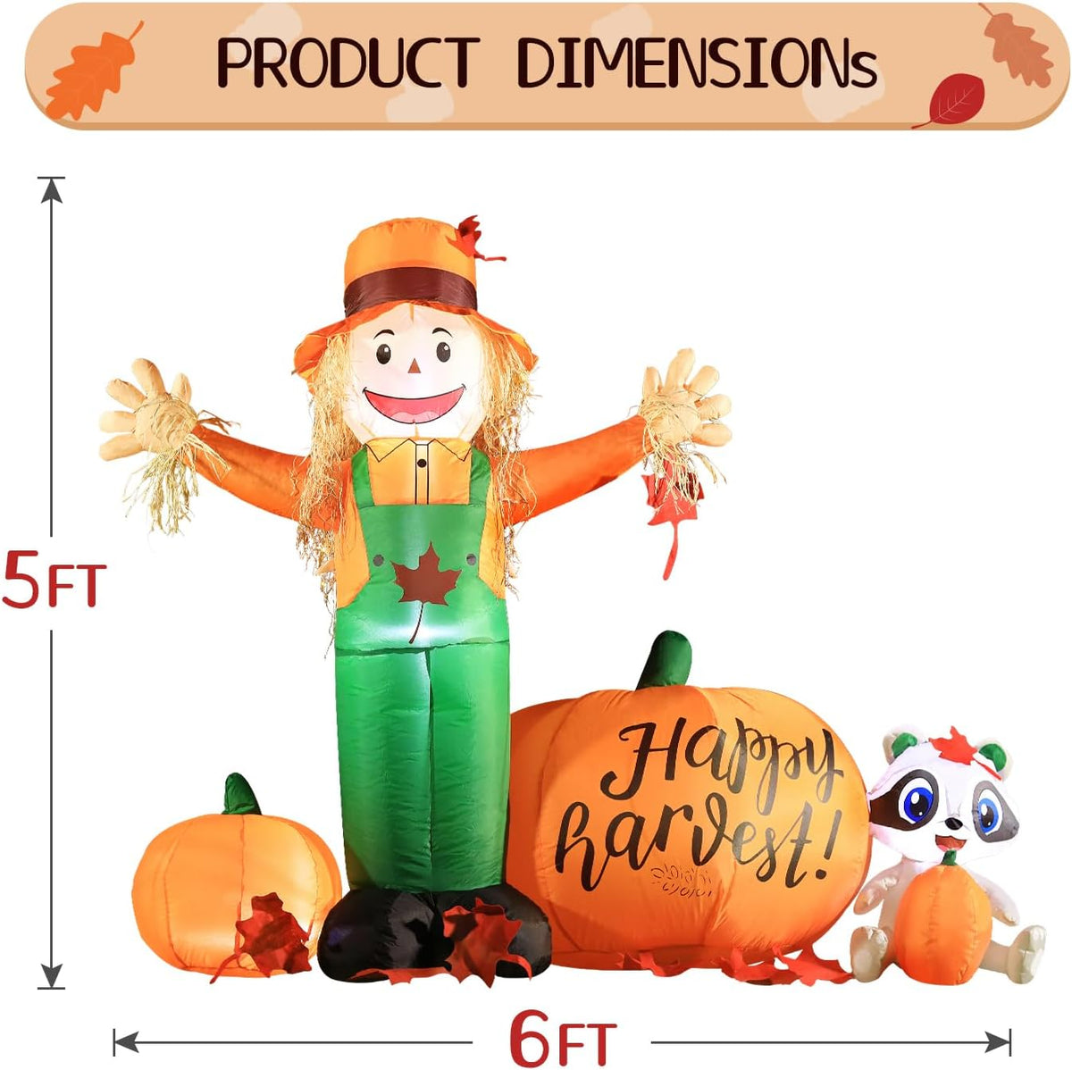 DomKom 6ft Tall LED Lighted Inflatable Scarecrow and Pumpkin – Halloween Thanksgiving Fall Yard Decoration with Built-in Lights – Outdoor Blow Up Decor for Lawn, Garden, Party