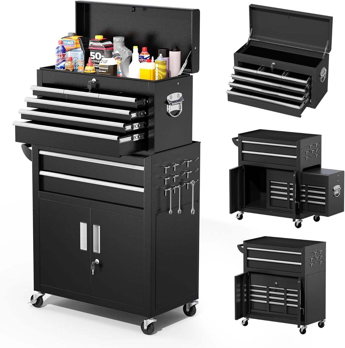 Greenvelly 8 Drawers Rolling Tool Chest, Detachable Top Tool Box with Wheels & Side Hooks, Lockable Metal Tool Cabinet with Liners and Tray Divider for Garage, Warehouse, Workshop, Black