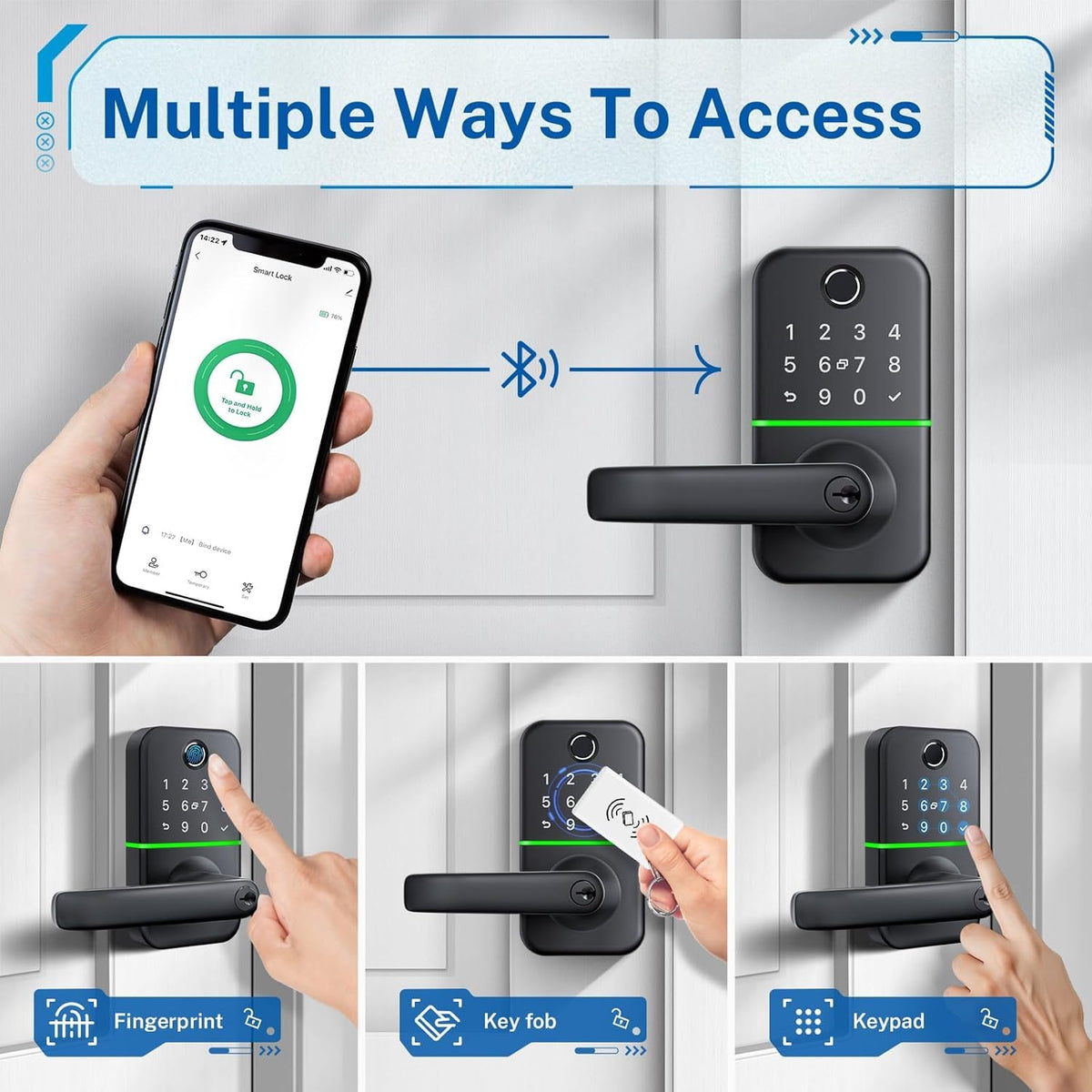 keypad smart door lock with handle: kucacci keyless shown in use