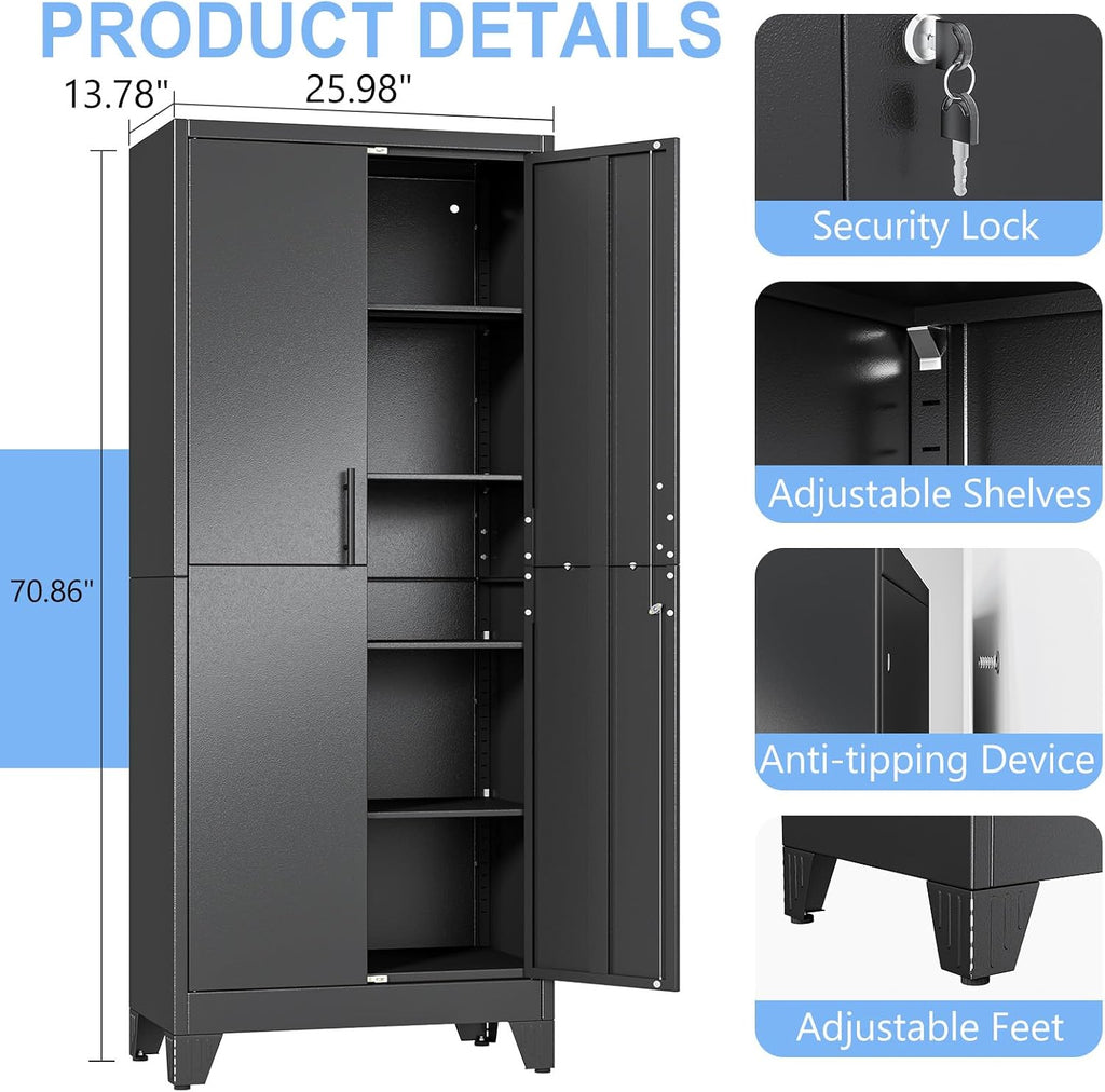 70.86" metal garage storage cabinet, lockable tall tool, side view