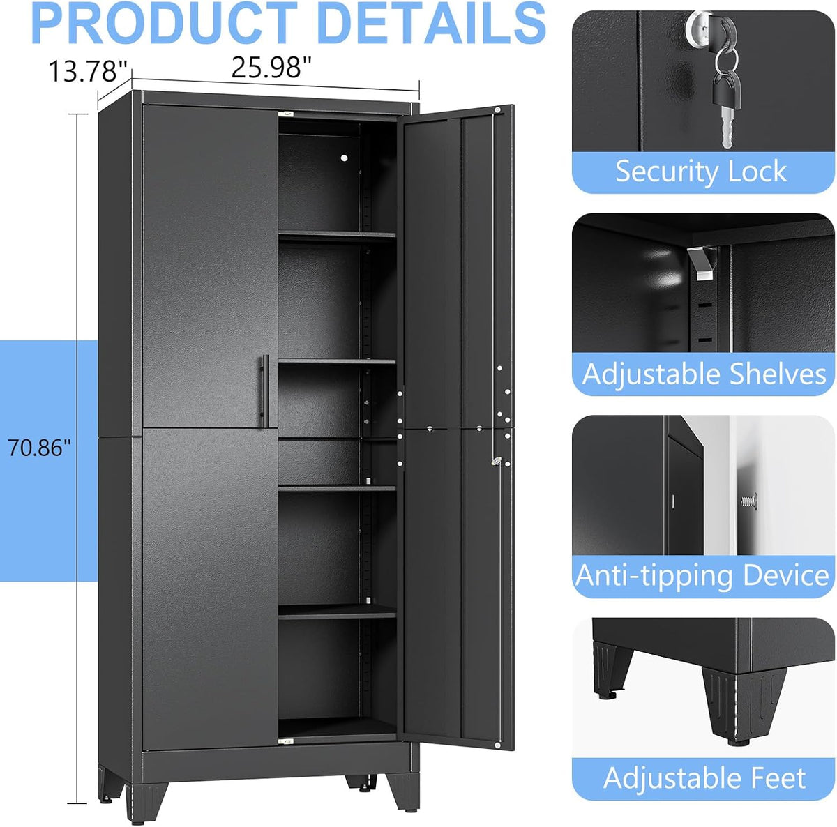 70.86" metal garage storage cabinet, lockable tall tool, side view