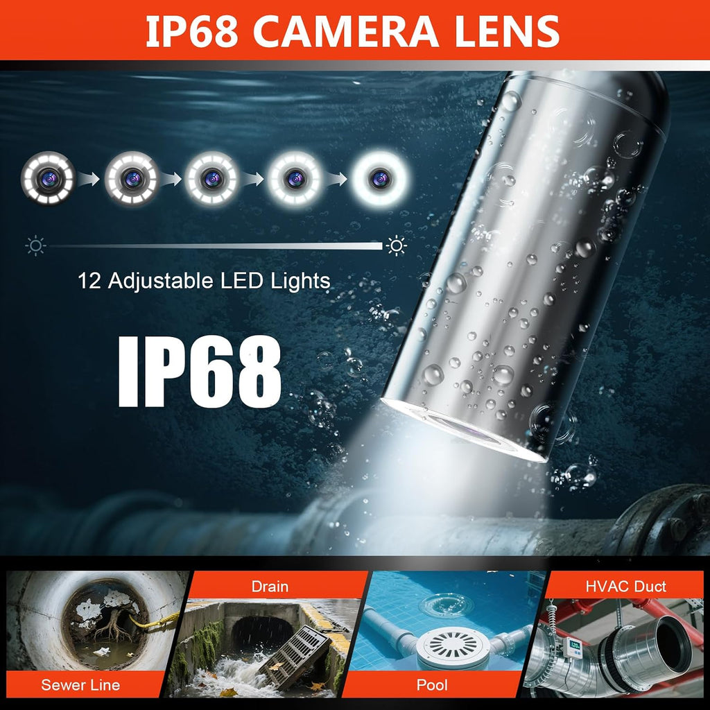 sewer camera, 100ft self-leveling drain camera with 512hz showing dimensions