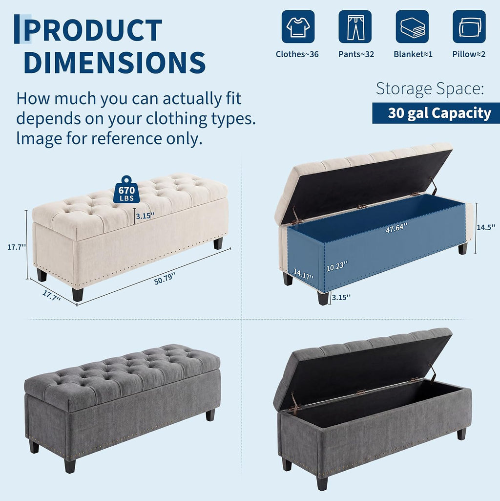 51" extra large storage ottoman bench, supports 660lbs, close-up detail