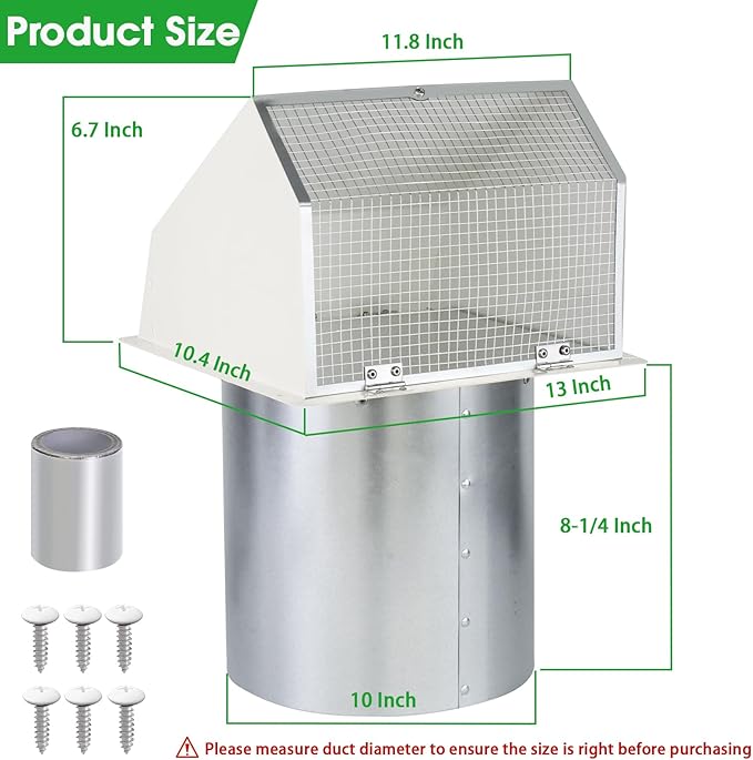 10 Inch Hooded Wall Vent with Screen and Damper, Outdoor Wall Exhaust Vent