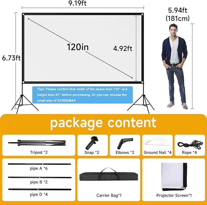 Outdoor Projector Screen with Stand, SCREENMAX 120 inch Foldable Projector