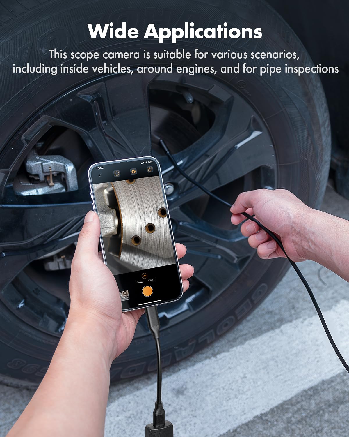 anykit endoscope camera with light, 1920p hd borescope, front angle view