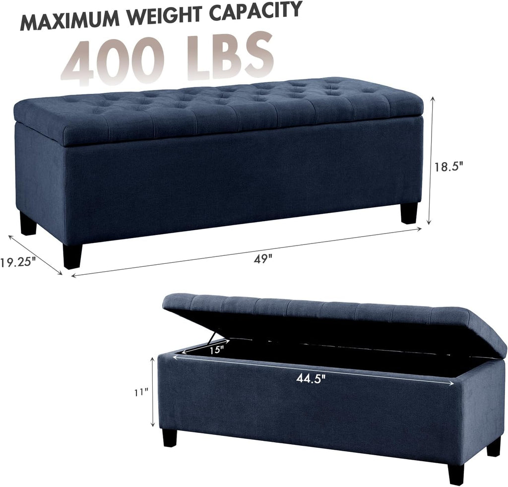 madison park 49" upholstered storage bench, button tufted, side view