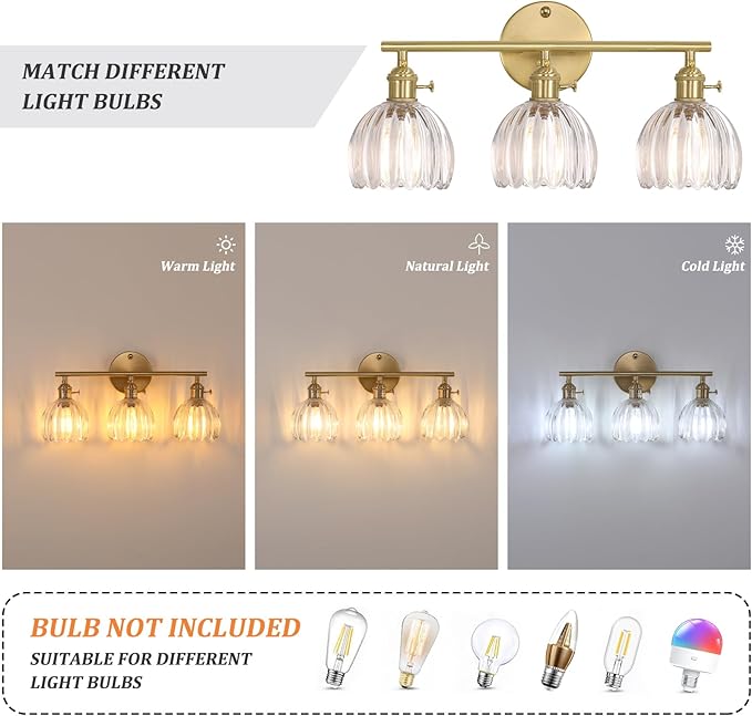 Shenmoyl Bathroom Light Fixtures, 3-Light Brass Vanity Wall Light Over Mirror