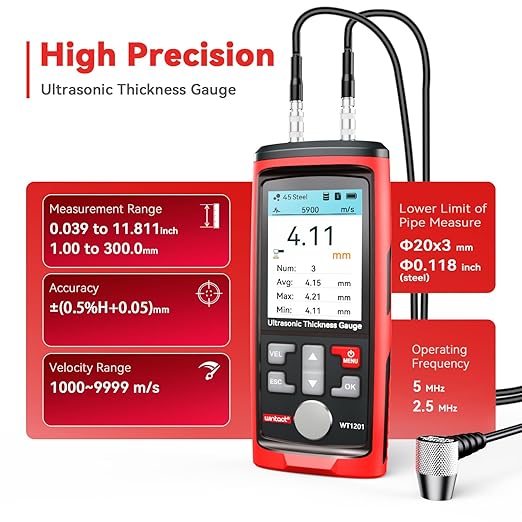 Wintact Digital Ultrasonic Thickness Gauge, Range 0.039 to 11.81 in