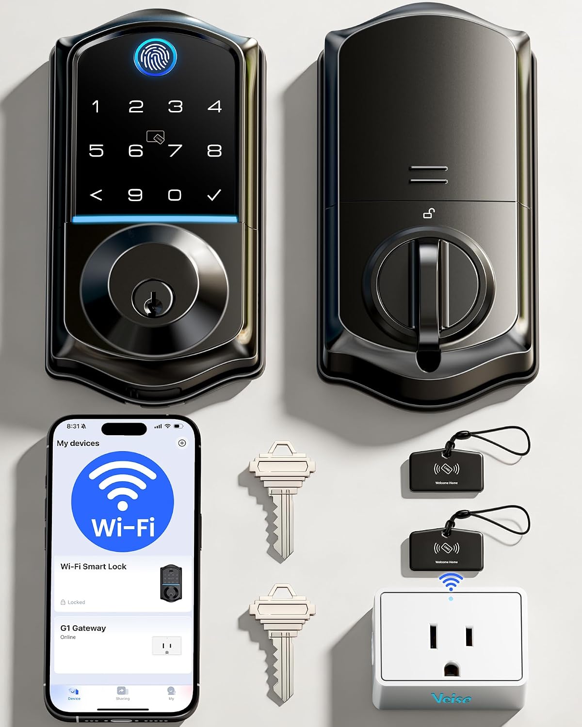 Veise VE017G WiFi Smart Keyless Entry Lock for Front Door, Matte Black