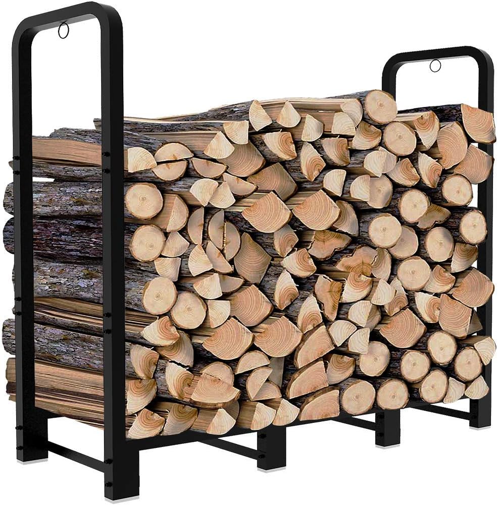 4ft Outdoor Firewood Rack, Upgraded Adjustable Heavy Duty Logs Stand Stacker Holder for Fireplace - Metal Lumber Storage Carrier Organizer, Bright Black