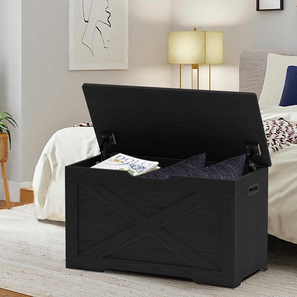 timberer 31.5" storage chest, wooden storage bench, entryway shown in use