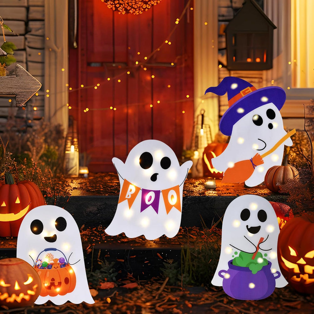 Lighted Cute Ghost Yard Signs, 4 Packs Halloween Decorations Outdoor Scary Wi...