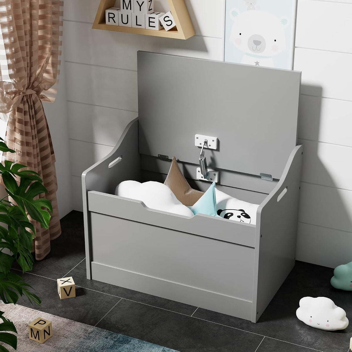 raamzo wood modern storage bench box blanket chest shown in use