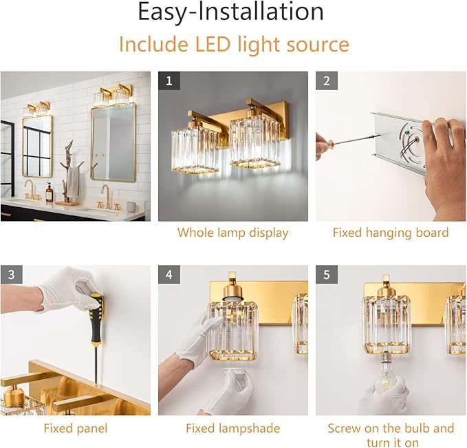FDPBY Modern Bathroom Vanity Light 2-Lights Gold Crystal Bathroom Wall Light