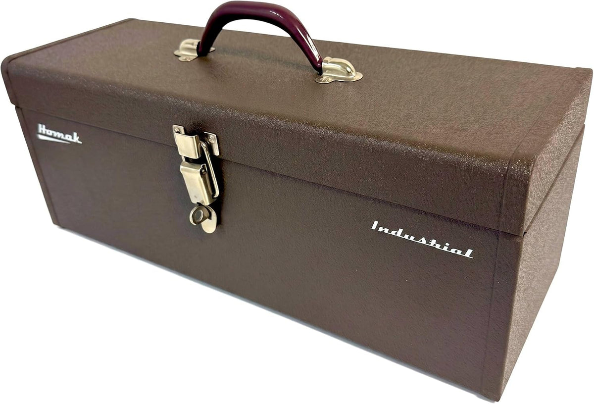 homak industrial 20-inch tool tote steel toolbox, brown, side view