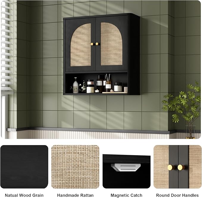 RUSTOWN Rattan Bathroom Wall Cabinet, Over The Toilet Storage Cabinets