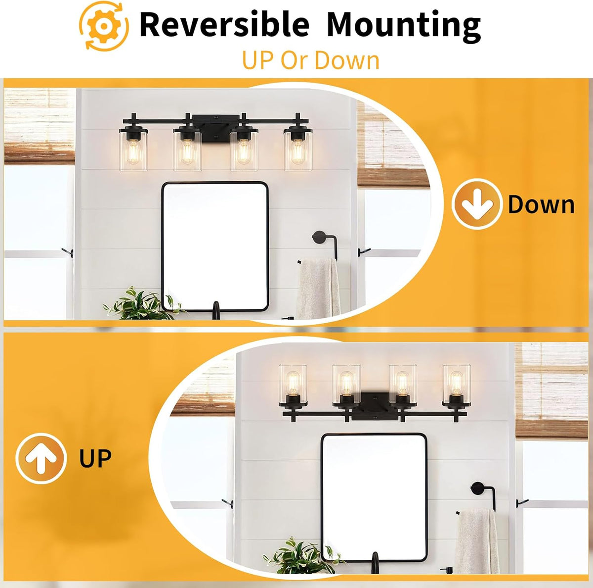 4-Lights Matte Black Bathroom Light Fixture, Modern Black Vanity Lights Over Mirror with Clear Glass Shade, Bathroom Wall Mounted Lamp for Mirror Living Room Hallway Cabinet
