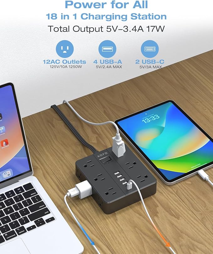AOFO 15FT Surge Protector Power Strip, 12 AC Outlets