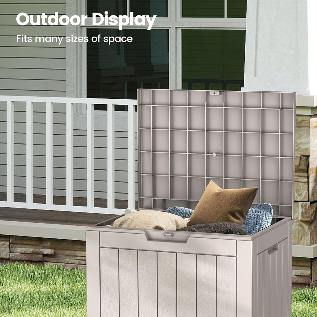 zapdos 31 gallon outdoor deck box, lockable waterproof showing dimensions